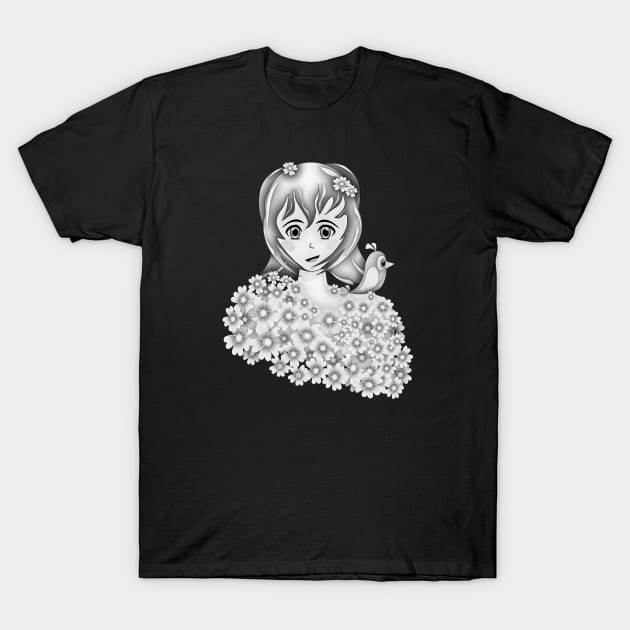 Woman with bird in in cherry blossoms T-Shirt by sensgraf